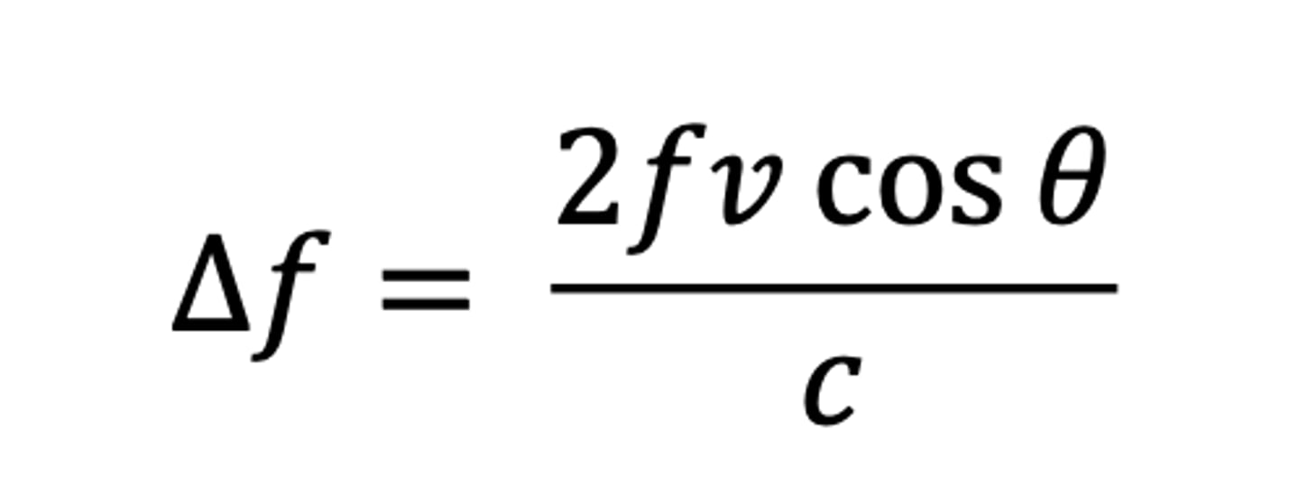 <p>f - original ultrasound frequency</p><p>v - speed of the moving blood cells</p><p>c - speed of the ultrasound in the blood</p><p>△f - frequency shift</p>