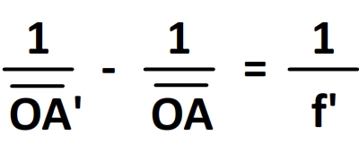 <p>La position d’un objet AB et et la position de son image A’B’ sont reliés par la relation de conjugaison : </p><p>avec toutes les grandeurs dans la même unité</p>