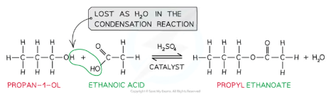 <ul><li><p>When carboxylic acids react with alcohols an ester is formed</p></li><li><p>Conditions: Warm/acid catalyst, H+ eg c<strong>oncentrated H<sub>2</sub>SO<sub>4</sub> </strong>as <strong>catalyst</strong></p></li><li><p><strong>Esters </strong>are compounds with an -COOR functional group and are characterised by their <strong>sweet </strong>and <strong>fruity</strong> smells</p></li><li><p>They are prepared from the <strong>condensation </strong>reaction called esterification between a <strong>carboxylic acid </strong>and <strong>alcohol </strong></p></li><li><p>The first part of the ester’s name comes from the alcohol and the second part of the name comes from the carboxylic acid</p><ul><li><p>E.g. Propanol and ethanoic acid will give the ester propyl ethanoate</p></li></ul></li></ul><p></p>