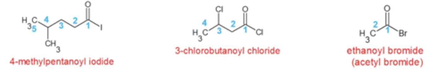 <p>same as alkanes except:</p><p>-parent chain is longest C chain that contains acid halide</p><p>-number the parent chain that gives the acid halide the lowest number</p><p>-replace "e" in alkane name with "oyl halide"</p><p>-put the halogen name at the very end</p>
