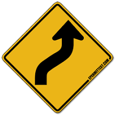 <p>This sign indicates that the road ahead: </p><p>Turns sharply right, then left.</p><p>Curves right, then left. </p><p>Curves right.</p>