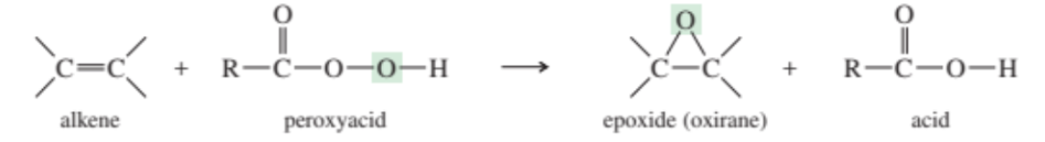 <p>alkene + peroxyacid to form 3 member cylic ether <strong>epoxide</strong></p>