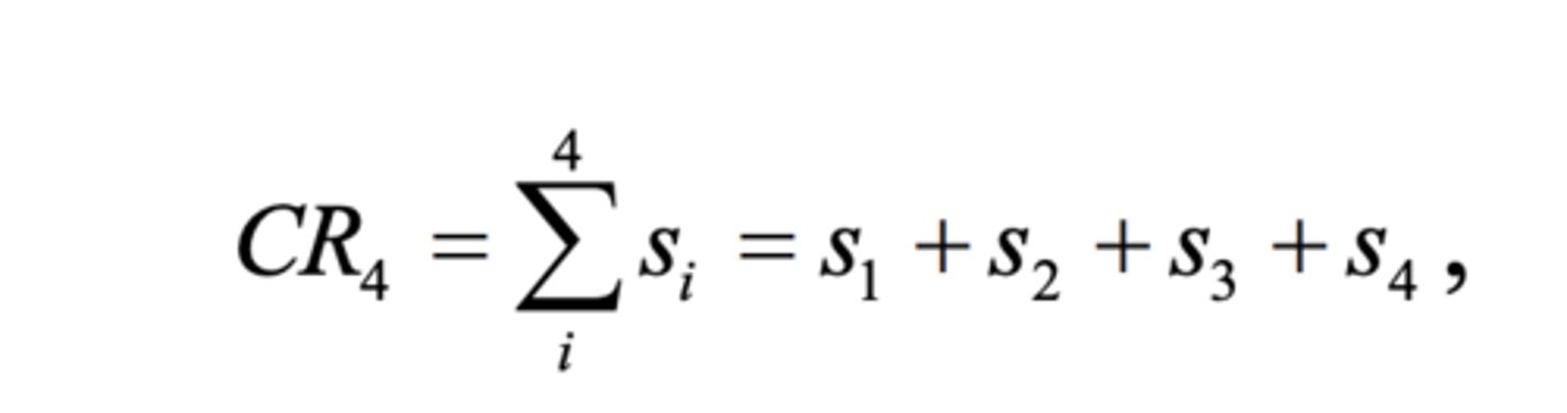 <p>Computed by aggregating the market shares of a certain number of the most dominant firms in an industry</p><p>CR^4 is the most common one</p>