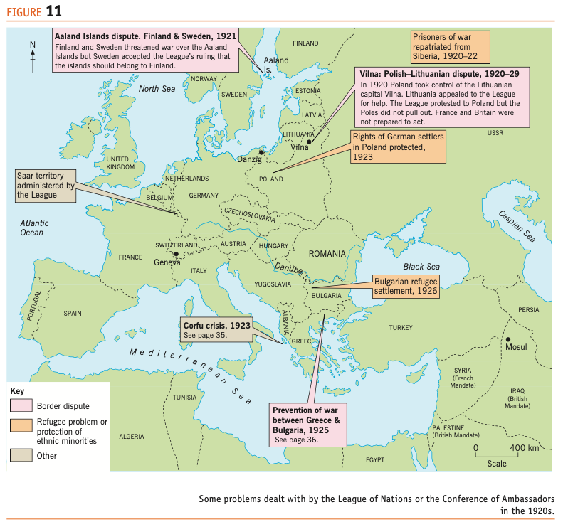 <p>The treaties signed at the P<span>aris</span> P<span>eace</span> C<span>onference</span> had created new states and</p><p class="p2">changed the borders of others. Inevitably this led to disputes and it was</p><p class="p2">the job of the League to sort out border disputes. From the start there</p><p class="p2">was so much to do that some disputes were handled by the Conference of</p><p class="p2">Ambassadors. Strictly this was not a body of the League of Nations. But it</p><p class="p2">was made up of leading politicians from the main members of the League</p><p class="p2">– Britain, France and Italy – so it was very closely linked to the League. As</p><p class="p2">you can see from Figure 11 the 1920s was a busy time. This map only shows</p><p class="p2">a small selection of the disputes which involved the League in this period</p>