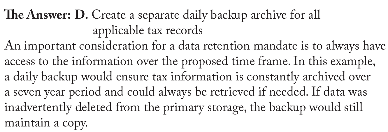 <p>Create a separate daily backup archive for all  applicable tax records</p>