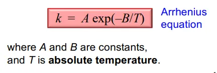 <ul><li><p>the relationship of k (Rate coefficient) with temperature, as with most chemical reactions, k increases rapidly with increasing temperature, in a non-linear fashion (a curve)</p></li><li><p>Arrhenius equation allows this relationship to be made linear, taking the log of each side </p></li><li><p>this can be understood using the Transition State Theory </p></li></ul><p></p>
