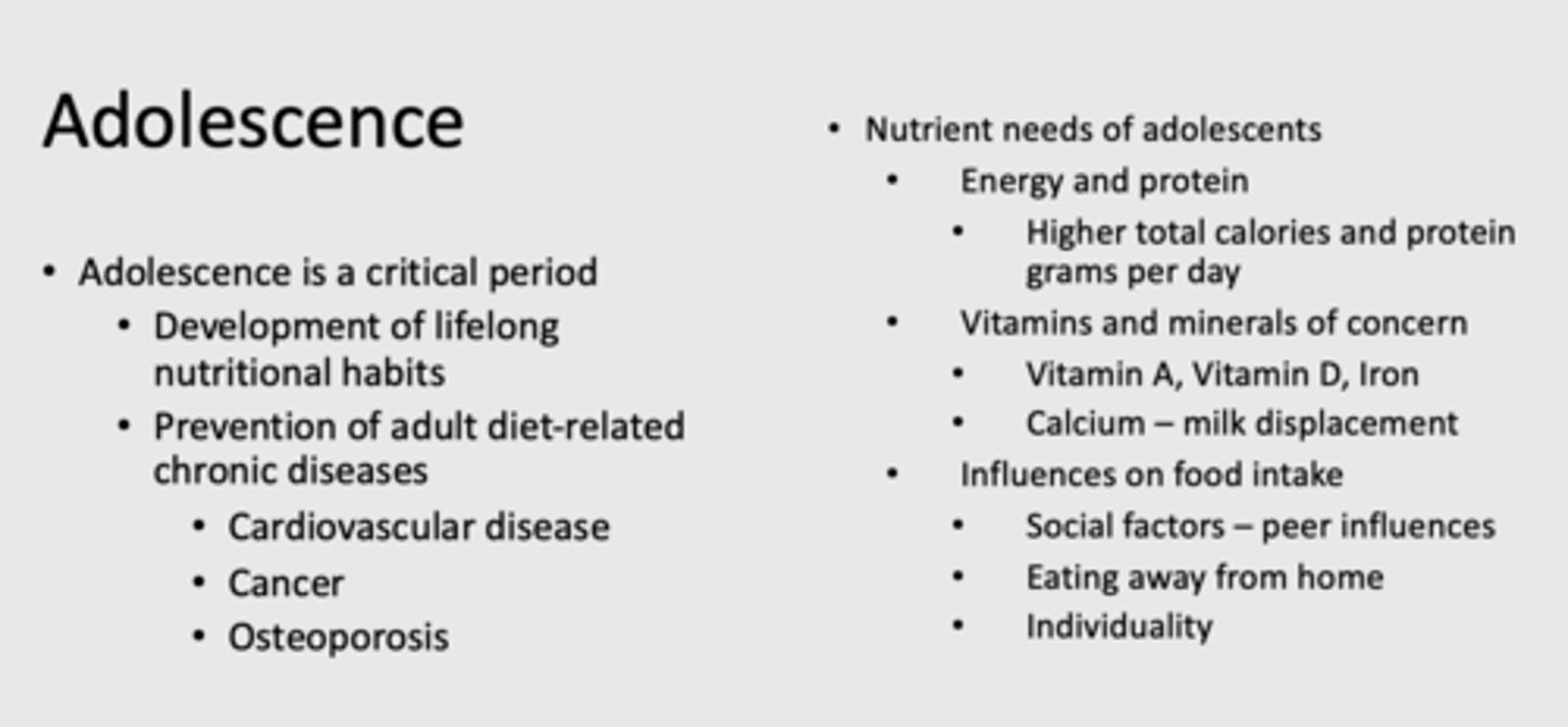 <p>- Energy and protein (Higher total calories and protein grams per day)</p><p>- Vitamins and minerals of concern (Vit A, D, Iron, Calcium)</p>