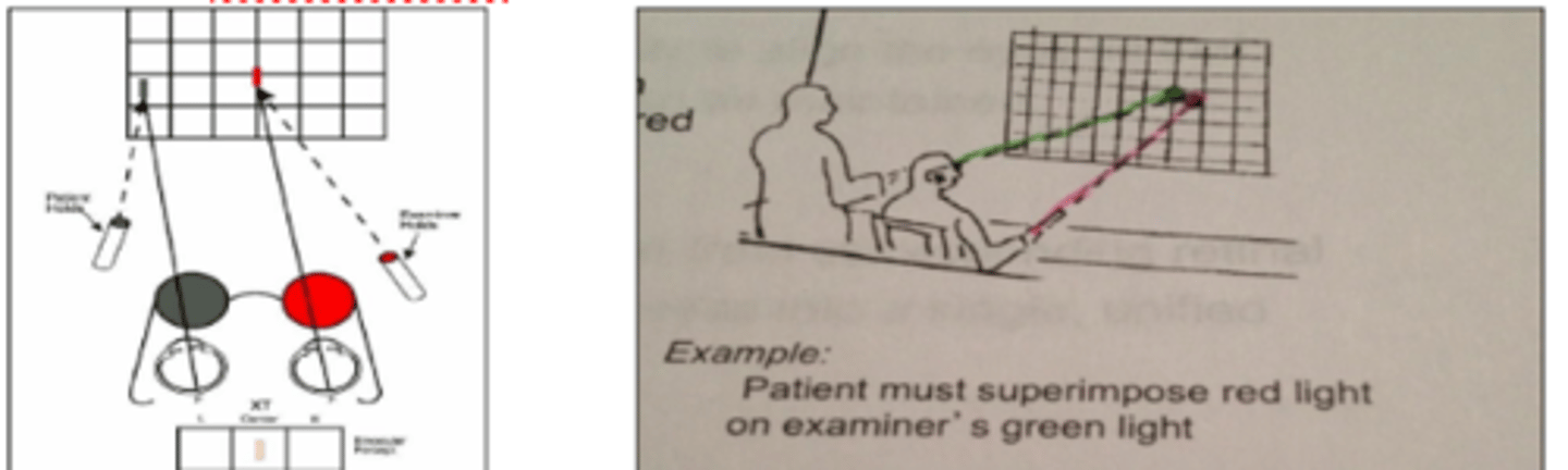 <p>test where the patient wears red green glasses and if they are able to superimpose the two images they are orthophoric.</p>