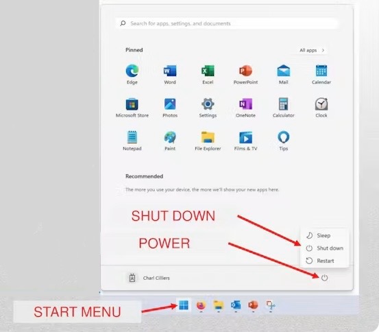 <ol><li><p>to avoid damaging files, ALWAYS follow the procedure to shut down Windows 11</p></li><li><p>open the start menu and click on power </p></li><li><p>then click on shut down </p></li></ol>