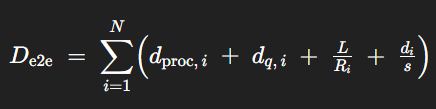 <p>Sum of: processing delay + queuing delay + transmission delay + propagation delay ;<span>&nbsp; </span>at each hop</p><p></p><p>d_proc+d_q+L/Ri+di/s </p>