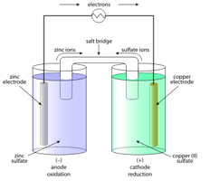 <p>Anode: where oxidation occurs; -</p><p>Cathode: where reduction occurs; +</p><p>Salt bridge connects them</p><p>Voltage measured</p>