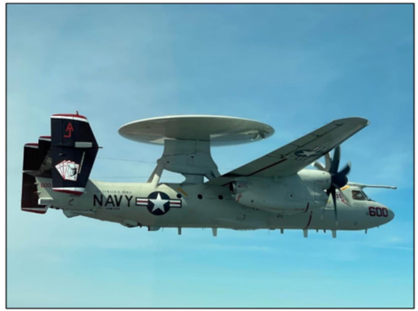 <p>role: airborne early warning; carrier based all weather; radar, IFF, and electronic surveillance; upgraded has aerial refueling </p><p>features: high wing, twin turboprop engines, large rotating radar dome</p><p>crew: 2 pilots, 3 NFOs</p><p>responsibilities: </p><p>Pilots: aviation, navigation</p><p>NFOs: Mission commander, sensor operator, airborne command and control </p>