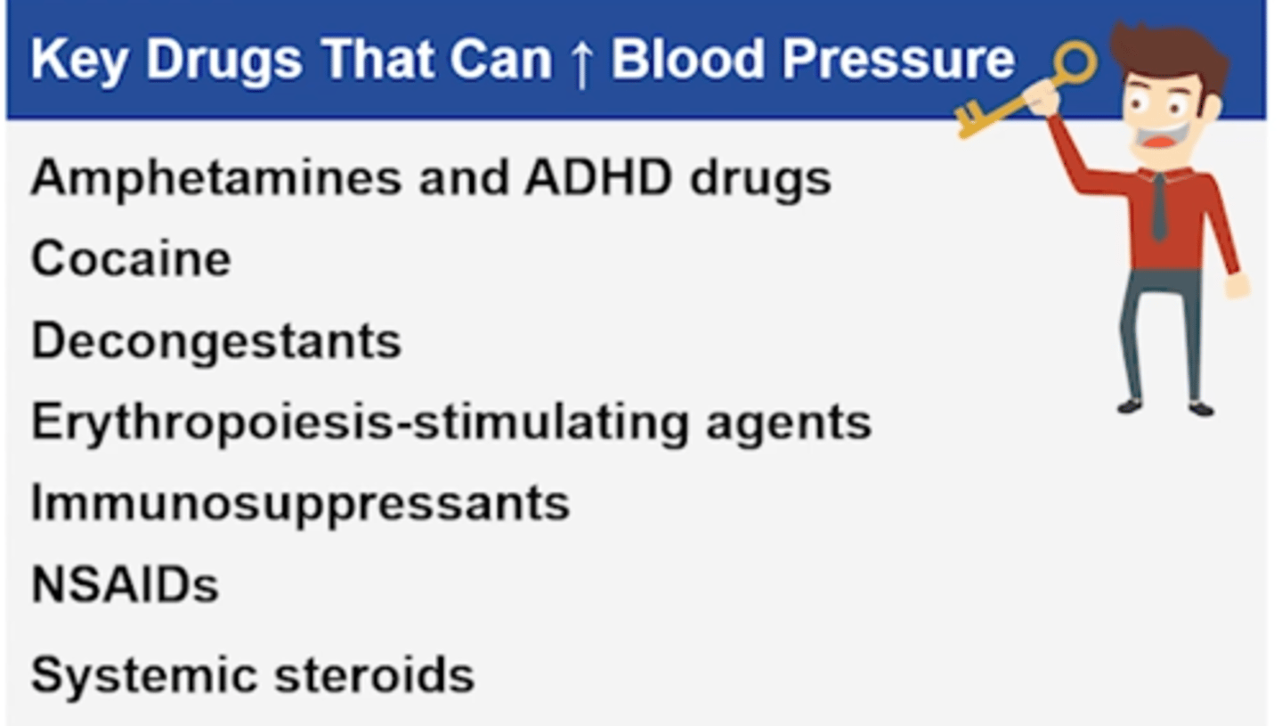 <p>1. Amphetamines and ADHD drugs</p><p>2. Cocaine</p><p>3. Decongestants (i.e. pseudoephedrine, phenylephrine)</p><p>4. Erythropoiesis-stimulating agents (ESA - epopoeitin)</p><p>5. Immunosuppressants (i.e. cyclosporine)</p><p>6. NSAIDs</p><p>7. Systemic steroids</p>