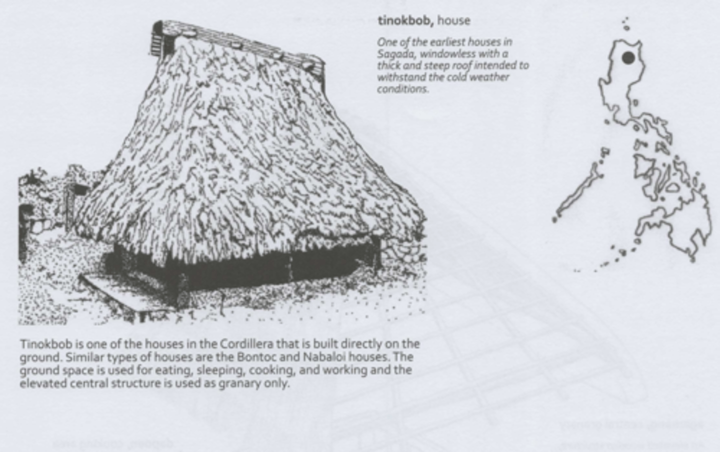 <p>Re-sembles the Bontoc house but</p><p>- Fully covered</p><p>-Wooden box with a steep thatch roof as a lid.</p><p>- With the granary within, a HOUSE WITHIN A HOUSE"</p>