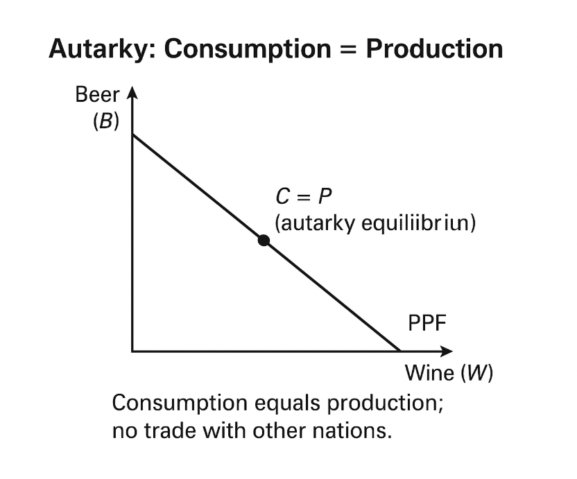 <p>Under autarky, <strong>consumption = production</strong>, meaning a country can only <strong>consume what it produces</strong> since there is <strong>no trade</strong> with other nations.</p>