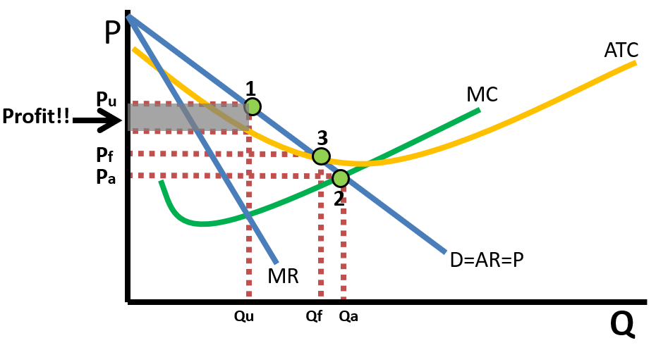 <p><span>.The monopoly price and quantity Pu and Qu when if it is unregulated.</span><br><span>2.The allocatively efficient price and quantity. A government price ceiling here would cause the firm to incur a loss.</span><br><span>3. Fair return price. A price ceiling here would still be inefficient, but there would be less deadweight loss and the firm would break even so it would continue to operate in the long run.</span><br><span>4.If this is a monopolistically competitive market, firms would enter the market shifting MR and DARP left as this firms market share decreases.</span><br><span>**Monopolies have excess capacity and are not productively efficient (do not produce at the minimum of the ATC)</span><br><span>**Monopolies are not allocatively efficient (Price&gt;MC) when they are unregulated.</span><br><span>**If a monopoly perfectly price discriminates, the MR merges with the DARP and they become allocatively efficient.</span></p>