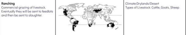 <p>________ is the commercial grazing of livestock. Eventually, the livestock can be sent to feedlots and then be slaughtered. This practice is found in countries with mid-latitude climates, which is basically the entire world except for Oceania, northern South America, and Central and West Africa. This can be found in drylands and deserts like Australia, the Southwestern United States, Eastern South America, South Africa, and some parts of Asia.</p>