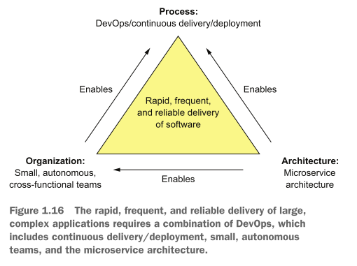 <p>For a large, complex application, the microservice architecture is usually the best choice. But in addition to having the right architecture, successful software development requires you to also have organization, and development and delivery processes. Figure 1.16 shows the relationships between process, organization, and architecture.</p>