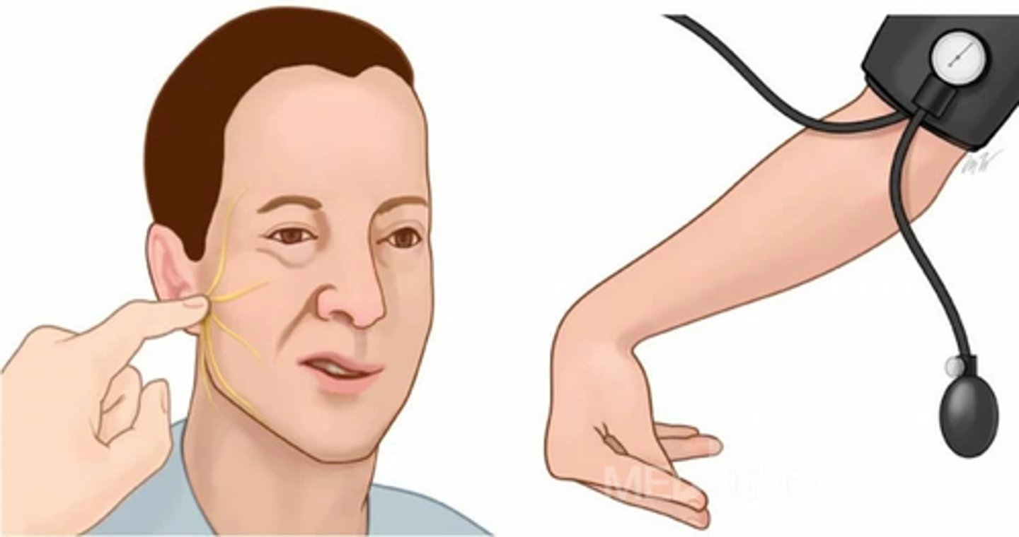 <p>Chvostek: tapping face</p><p>Trousseau: hand sign with inflated cuff</p><p>*if patient is Chvostek positive, you never do Trousseau because it can produce generalised tetany</p>