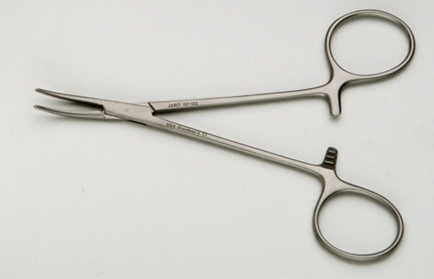 <p>used for clamping and occluding, curved or straight with fine tips and horizontal serrations that run the length of the jaws</p>