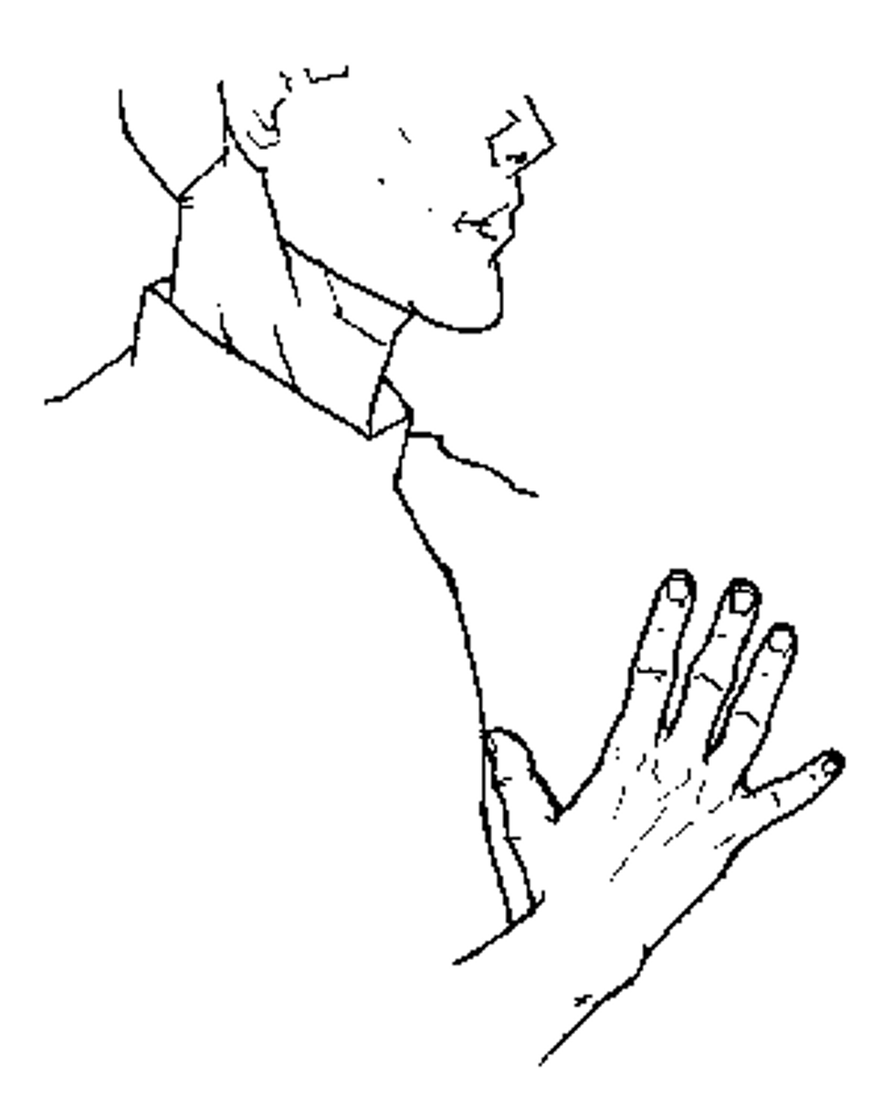 <p>With a 5 handshape, touch your thumb to your chest.</p>
