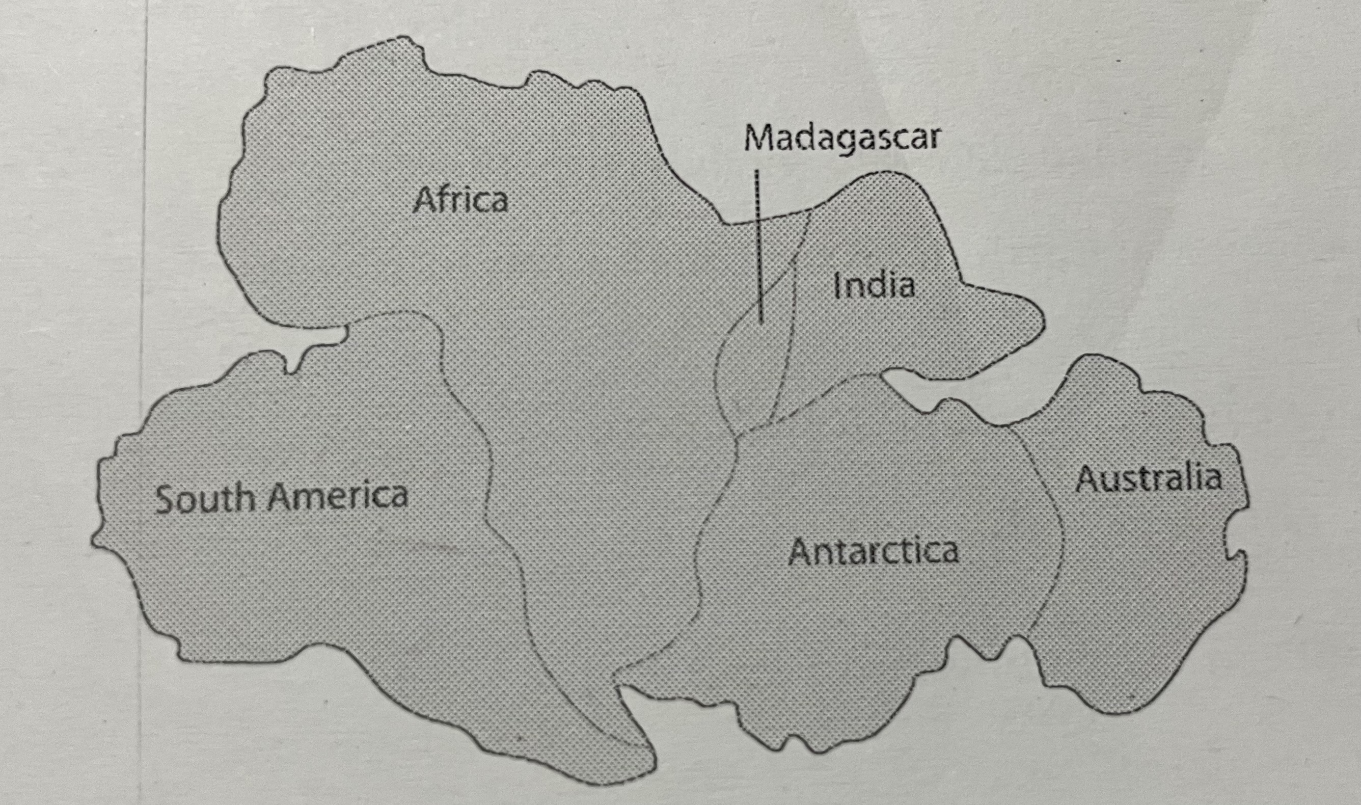 <p>this diagram shows how scientists think the some of the continents may have looked about 200 million years ago. describe what has happened to these continents to move them to their current position.</p>