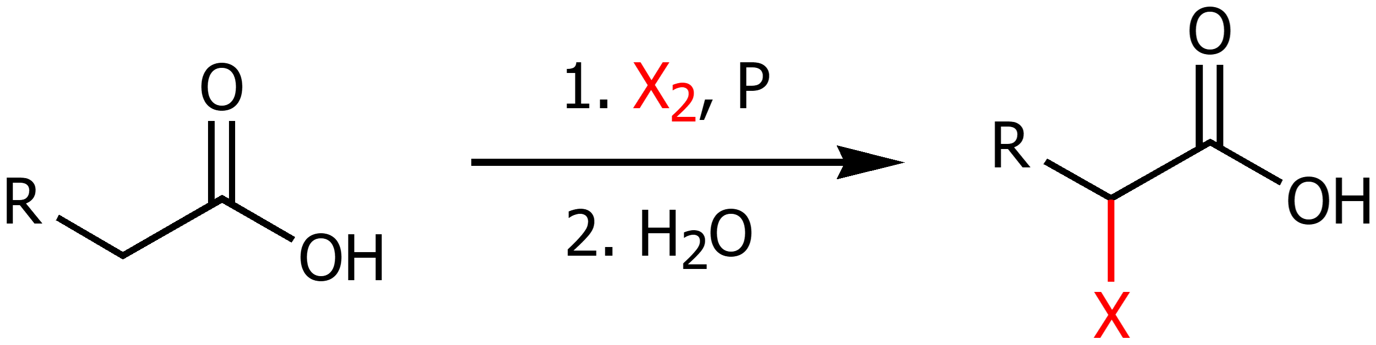 <p>Excess halogen gas and phosphorus with water in the presence of a carb acid will perform alpha halogenation</p>