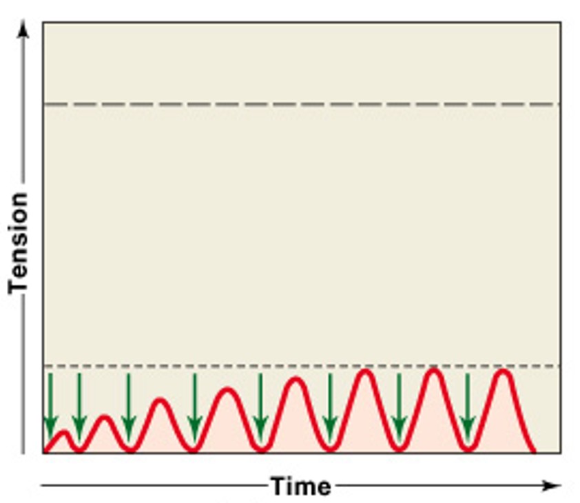 <p>Which type of stimulations are:</p><ul><li><p>Repeated stimulations<em> immediately after</em>&nbsp;relaxation phase (stimulus frequency &lt; 50/second)</p></li></ul><p></p>