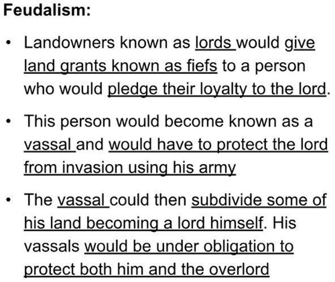 <p>A system where landowners (lords) granted land (fiefs) to vassals in exchange for loyalty and protection.</p>