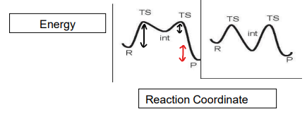 <p>The energy barrier is the gap between the TS and previous state (black lines)</p><p>The <span>ΔG is the gap between the energies of the reactant and product.</span></p><ul><li><p>The profile on the left shows a less stable intermediate as it has a higher energy, therefore it has a lower lifetime.</p></li></ul><p></p>
