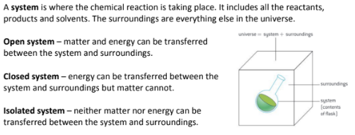 <p>Bond Breaking = Exothermic</p><p>Bond Breaking = Endothermic</p><p>Closed system = energy but not matter can be exchanged with the surroundings</p><p>Open system = energy and matter can be exchanged with the surroundings</p><p>Isolated system = neither energy nor matter can be exchanged with the surroundings</p>