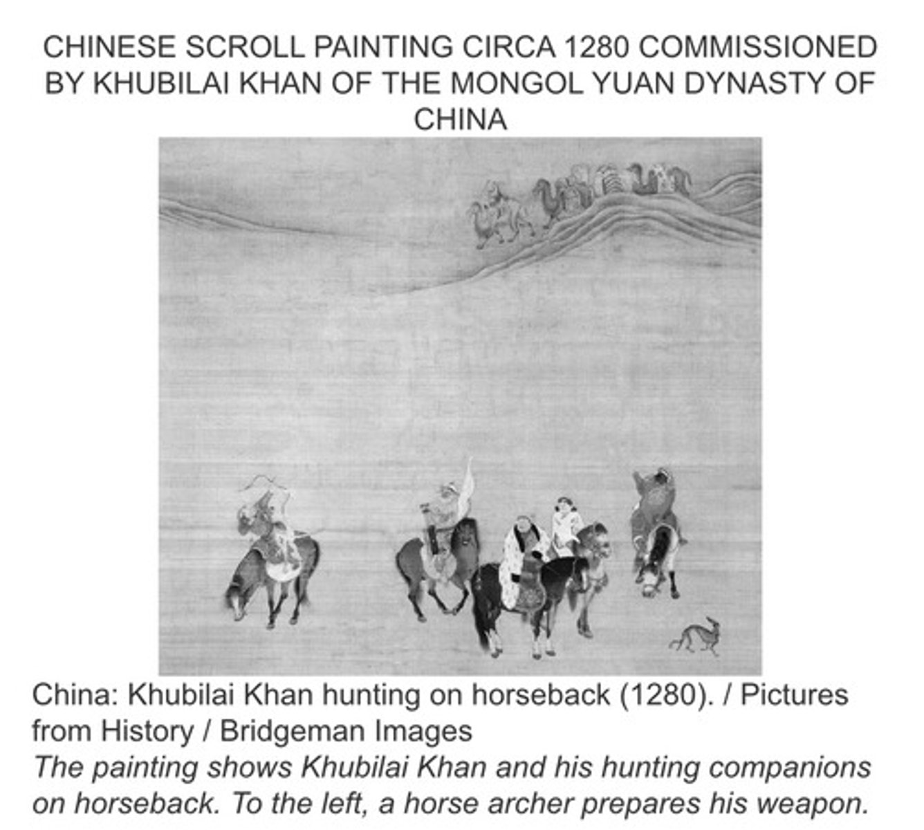 <p>(D) The nomadic tradition depicted in the painting would bolster Khubilai Khan's claim to be the legitimate successor to Genghis Khan.</p>