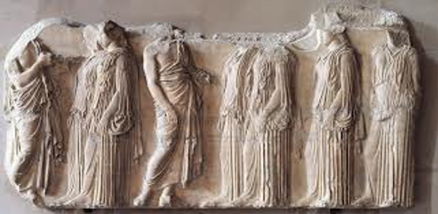 <p>date: 442-437 Bc</p><p>material: marble</p><p>significance: a unique occasion where architectural sculpture depicts a mortal custom: the panathenaic procession.</p>
