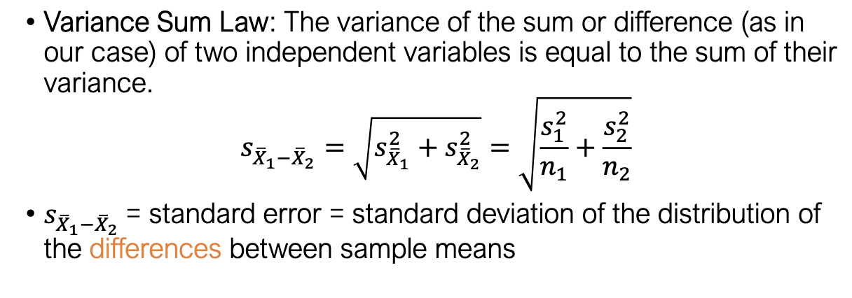 <ul><li><p><strong>Standard error of the difference between means (SED)</strong>.</p></li><li><p>Captures how much difference we expect <strong>by chance</strong>.</p></li><li><p>Smaller SE → easier to detect real group differences.</p></li><li><p>Denominator is the key to making inference valid.</p></li></ul><p></p>