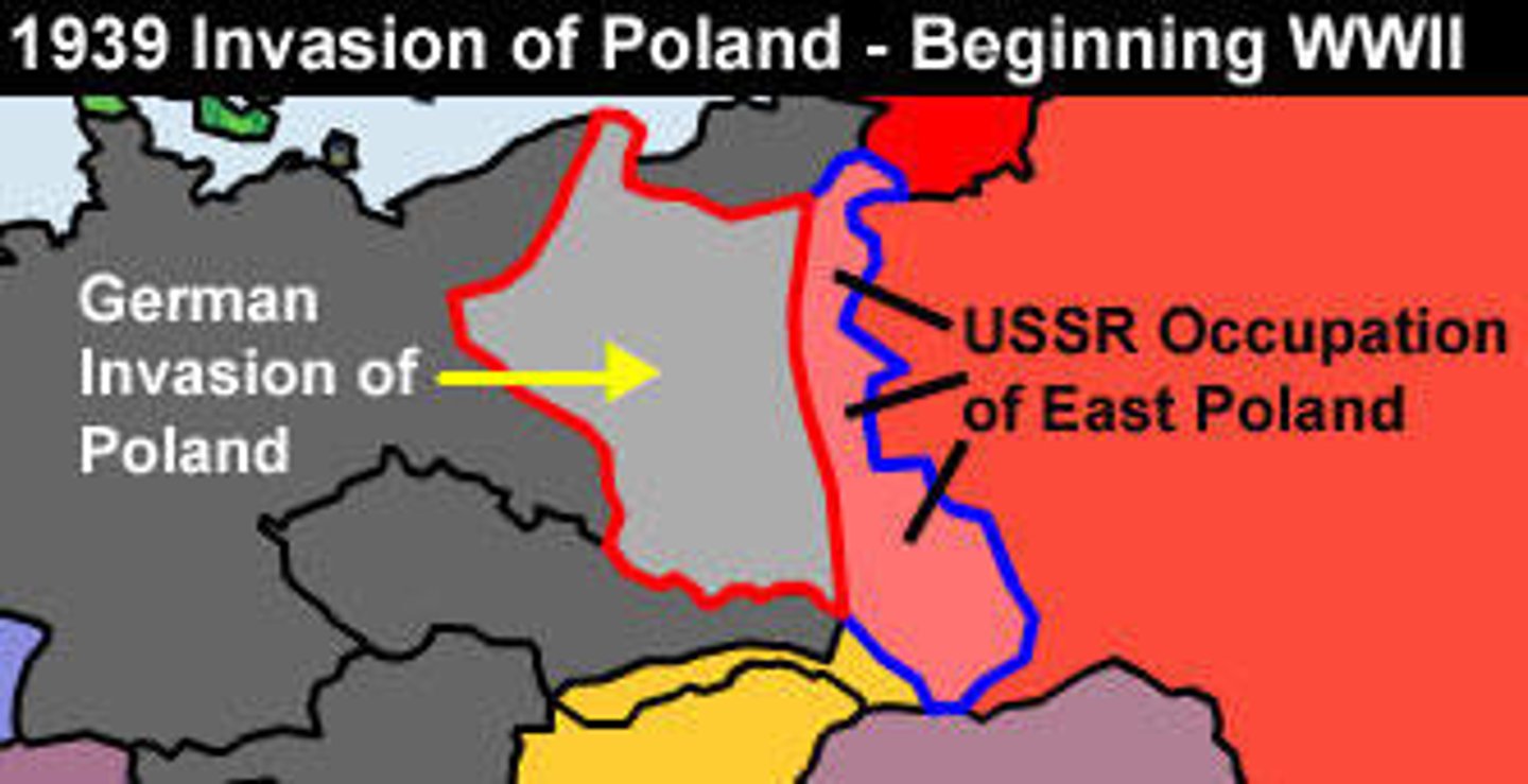 <p>- Germany kicks off WWII by invading Poland <br> - On the next day, Sept. 2nd 1939, Britain &amp; France declare war</p>