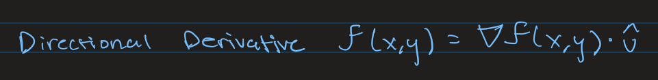 <p>Partial Derivative but instead of pointed in direction of axes it is in the direction of some arbitrary vector we want. To calculate:<br><br>Dot the Gradient Vector with the Unit Vector for the specific direction.</p>
