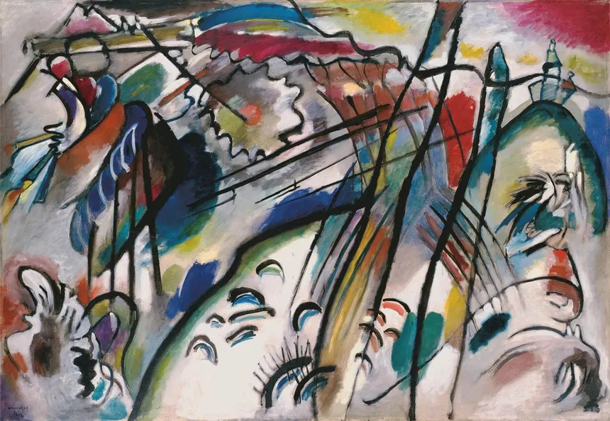 <ul><li><p><strong>ID:</strong> Vasily Kandinsky, 1912 CE, Oil on canvas, Germany</p></li><li><p><strong>Content:</strong> Abstract composition of shapes, colors, and lines suggesting movement.</p></li><li><p><strong>Function:</strong> Expresses emotion and spirituality through abstraction.</p></li><li><p><strong>Context:</strong> Influenced by music and Theosophy, part of the early Abstract movement.</p></li><li><p><strong>Form:</strong> Bold contrasts, non-representational shapes, expressive brushwork.</p></li></ul><p></p>