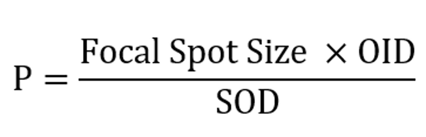 <p>Measures the unsharpness (blur/penumbra) in the image</p><p>Focal spot size x OID</p><p>Penumbra = --------------------------</p><p>SOD</p>