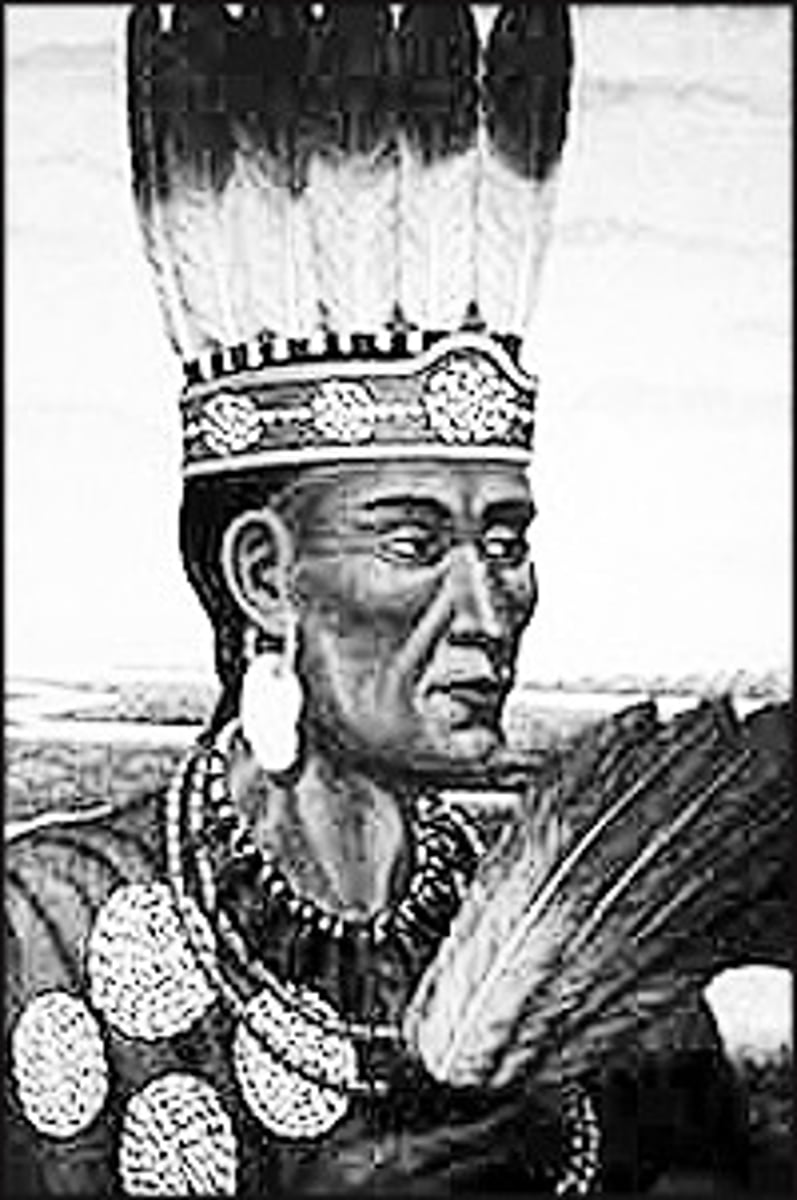 <p>Indian chief and founder of the Powhatan confederacy of tribes in eastern Virginia.</p><p>Expansion of power: He grew the alliance from six tribes he inherited to include up to 30 other tribes, requiring them to pay tribute in the form of food, furs, and other goods.</p><p>Family: He was the father of Pocahontas, who later married English colonist John Rolfe, which helped to temporarily end years of conflict between his people and the English.</p>