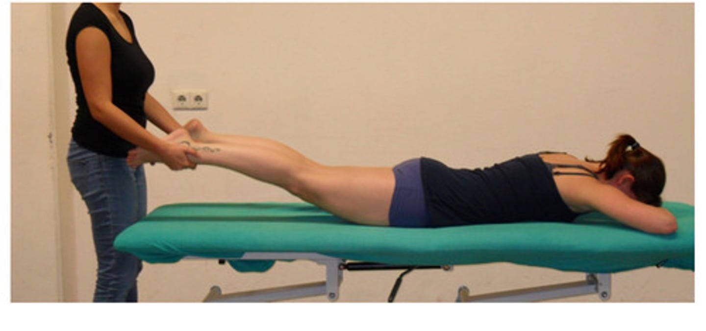 <p>What lumbar orthopedic test is being shown in the diagram?</p><p>- Nachlas test</p><p>- Ely's sign</p><p>- Prone instability test</p><p>- Passive lumbar extension test</p>