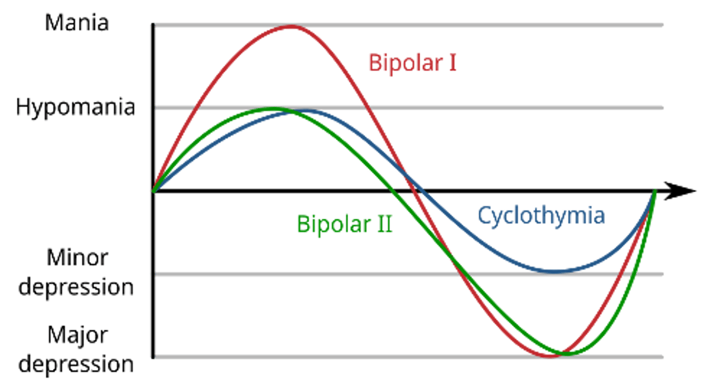 <p>Bipolar I Disorder:</p><p>•At least 1 manic episode</p><p>•May be preceded or followed by hypomanic or depressive episode</p><p>Bipolar II Disorder:</p><p>•At least 1 hypomanic episode and at least 1 major depressive episode</p><p>•There has never been a manic episode</p><p>•Either depressive sx or the unpredictability of the fluctuations between hypomania and depressive episode cause significant distress or impairment</p>