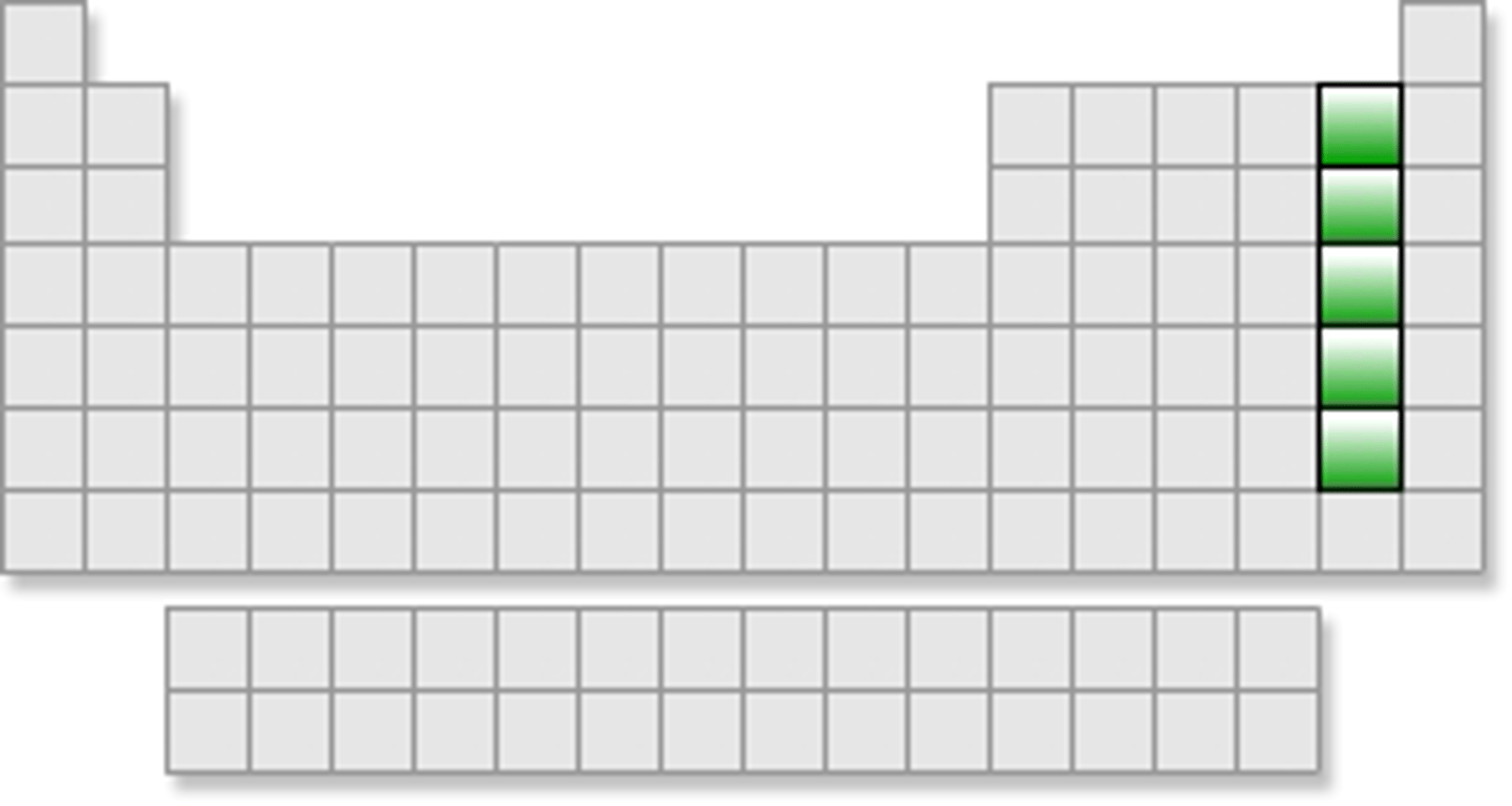 <p>Very reactive nonmetals, 7 valence e⁻.</p>