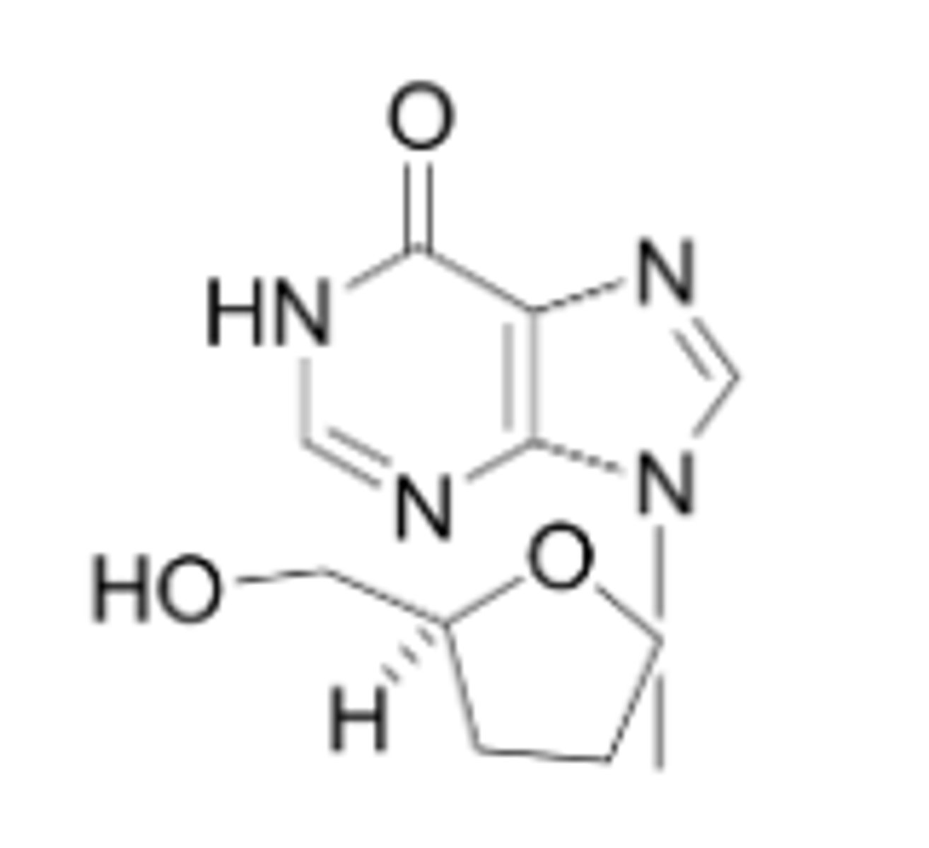 <p>purine dideoxynucleoside analog of inosine that acts through competitive inhibition of RT by incorporating into a growing DNA chain (NRTI)</p>