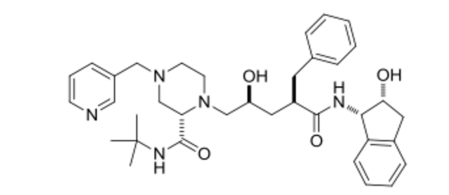 <p>protease (HIV enzyme) inhibitor.</p><p>GAG POL precursor protein inhibited from cleaving into proteins.</p>