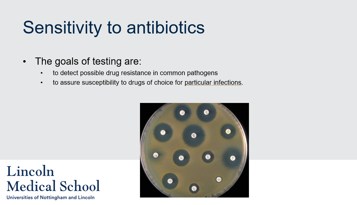 <ol><li><p>Antibiotic sensitivity testing is a laboratory procedure used to determine the susceptibility of bacteria to different antibiotics.</p></li><li><p>The goals of antibiotic sensitivity testing are to detect possible drug resistance in common pathogens and to assure susceptibility to drugs of choice for particular infections.</p></li></ol>