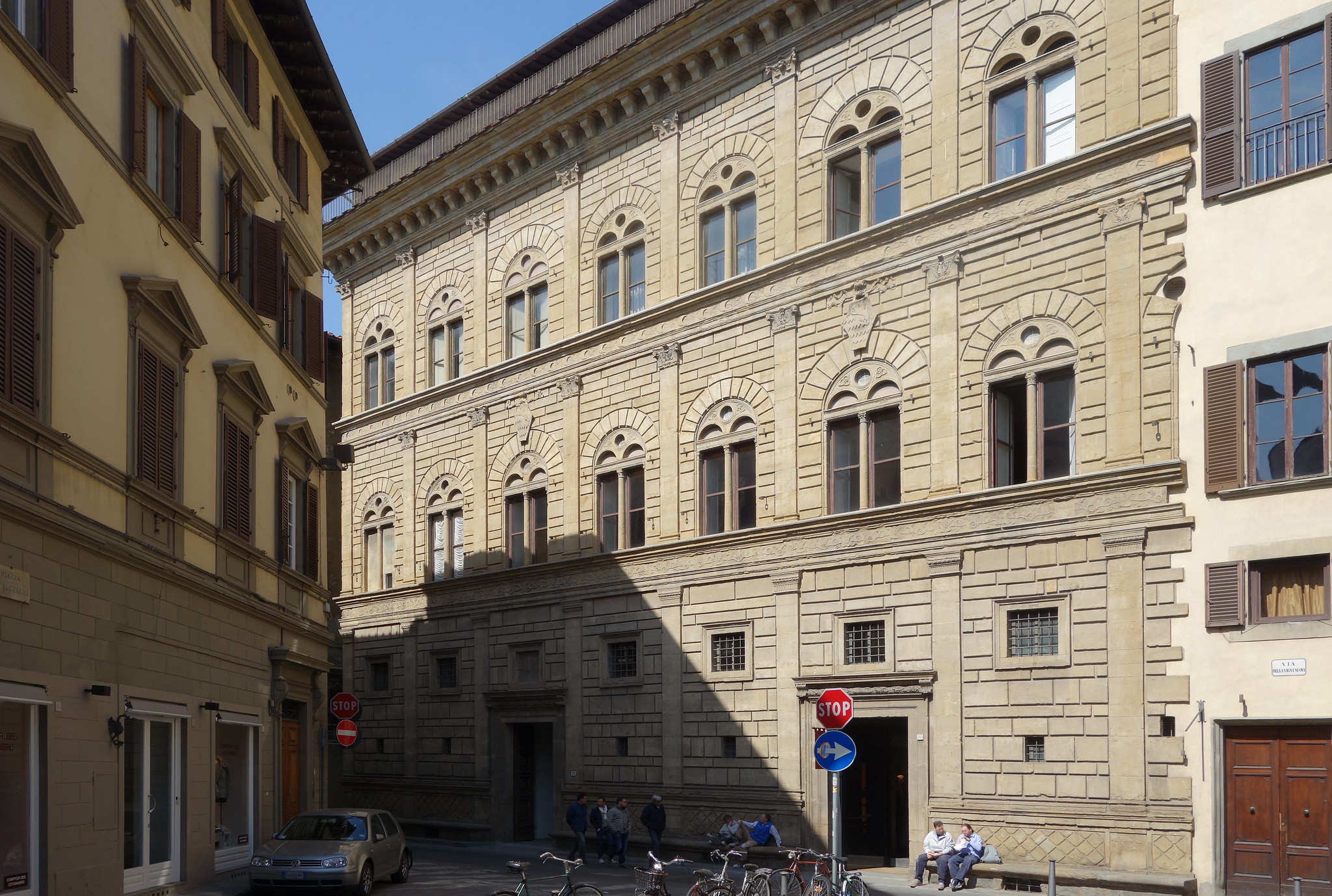 <p>Palazzo Rucellai</p><ul><li><p>Florence, Italy.</p></li><li><p>Leon Battista Alberti (architect).</p></li><li><p>c. 1450 C.E.</p></li><li><p>Stone, masonry</p></li></ul><p>It uses architectural features for decorative purposes rather than structural support; like the engaged columns on the Colosseum, the pilasters on the façade of the Rucellai do nothing to actually hold the building up .Also, on both of these buildings, the order of the columns changes, going from least to most decorative as they acend from the lowest to highest tier.</p>