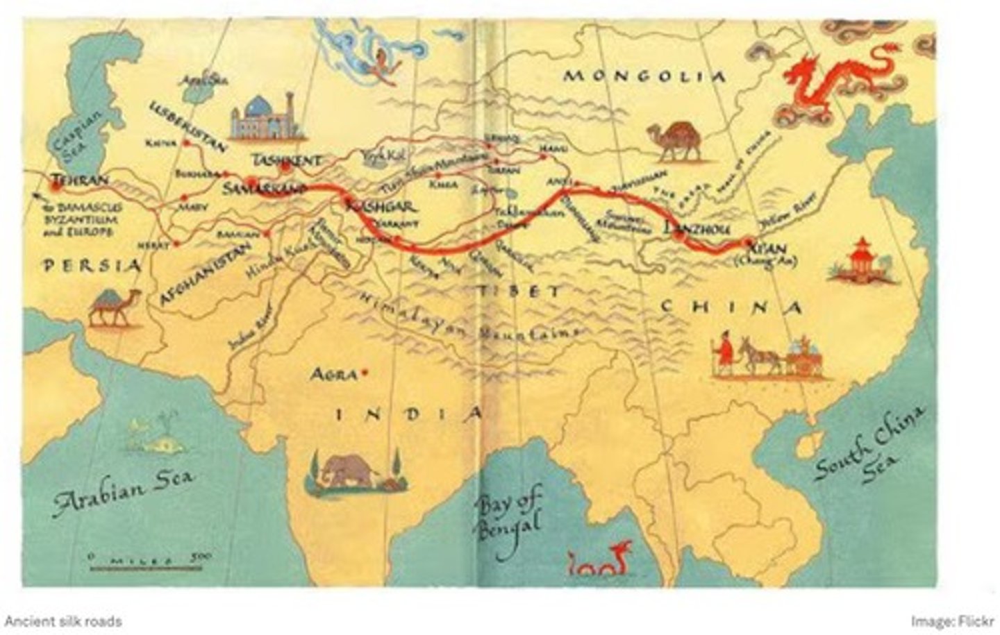 <p>An influence extending from the Caucasus to South Asia via the Silk Roads.</p>