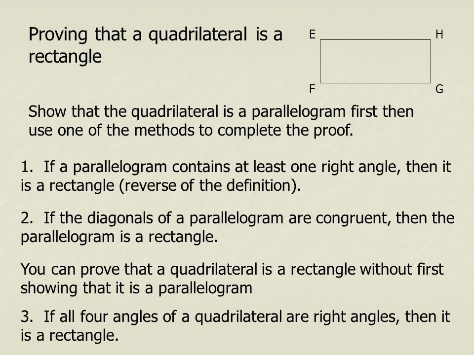 <p>Quadrilateral with 4 right angles</p><ul><li><p>Diagonals are <strong>congruent </strong>and <strong>bisect</strong> eachother</p><ul><li><p>They are NOT perpendicular (exception = square)</p></li></ul></li><li><p>4 right angles</p></li><li><p>Parallelogram </p></li></ul><p></p><p></p>