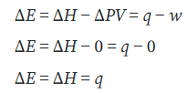 <p>pressure and volume do not change and no work is done, so the change in enthalpy is a function of the change in energy which is a measure of heat</p>