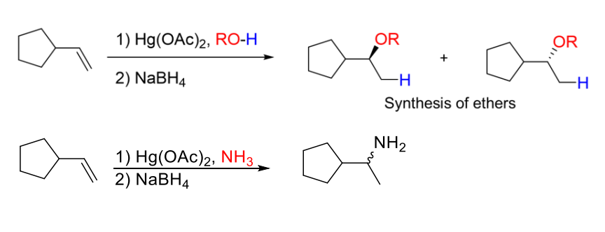 <ul><li><p>Instead of water as reagant, alcohols and amines can be used</p></li><li><p>Basically same thing as oxymercuration-demercuration</p></li></ul><p></p>